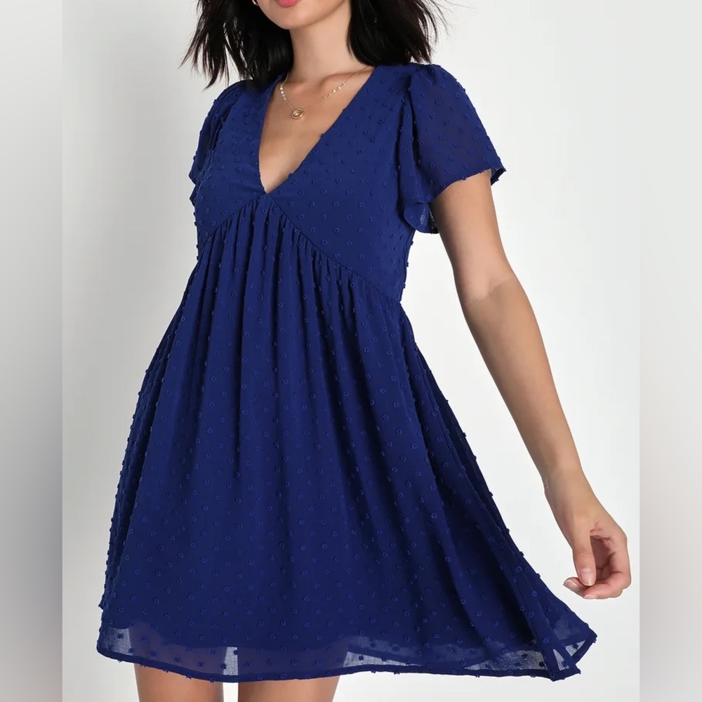 Lulu's Blue Swiss Baby Doll Mini Dress Flutter Sleeve